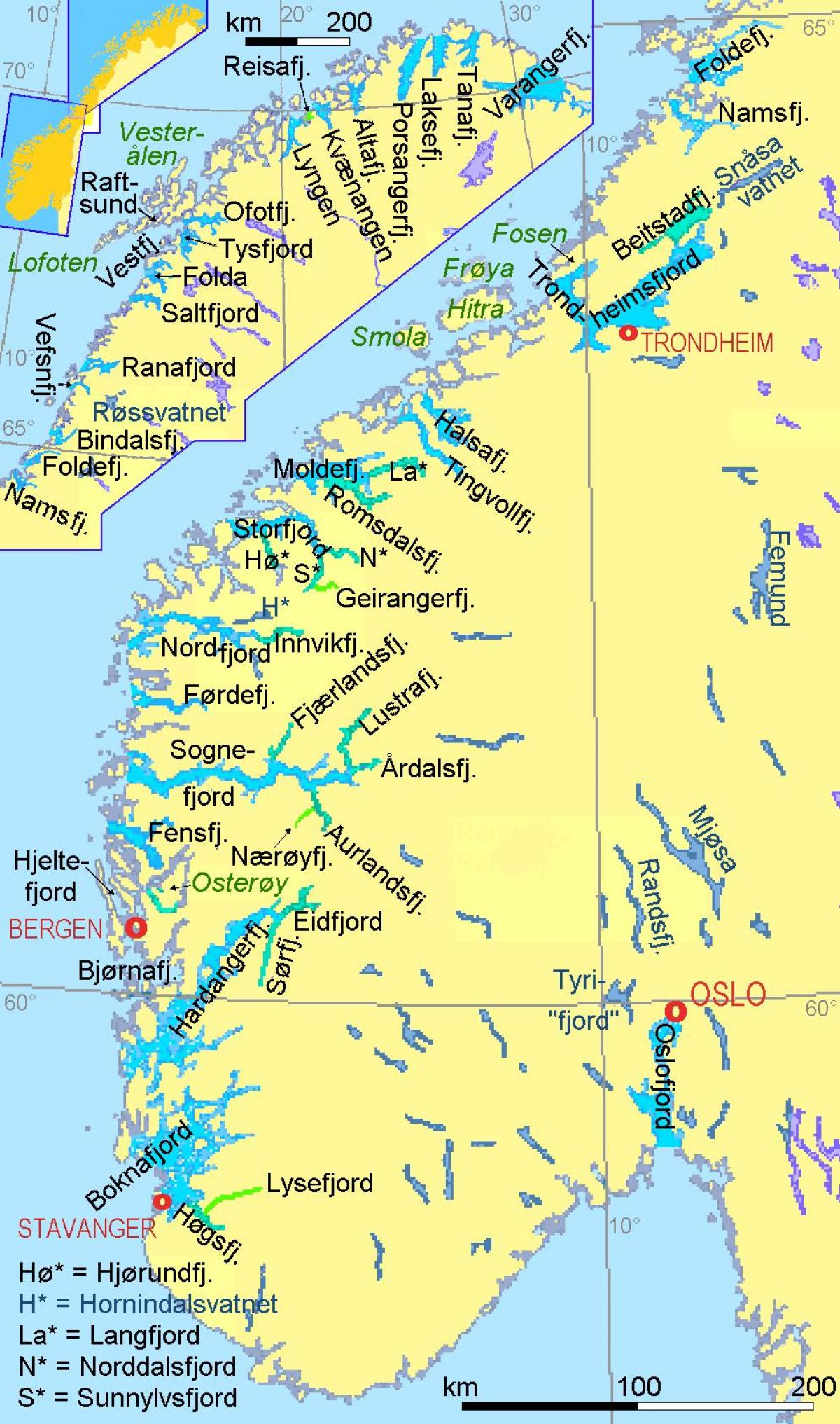 نقشه از نروژ نشان fjords