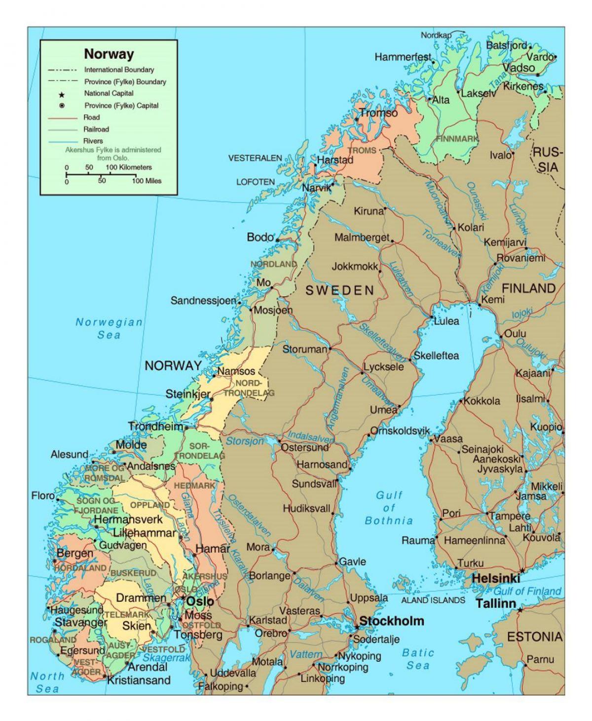 نقشه از نروژ با شهرهای